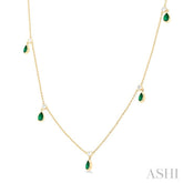 5x3 MM Pear Shape Emerald and 1/4 Ctw Round Cut Diamonds Precious Station Necklace in 14K Yellow Gold